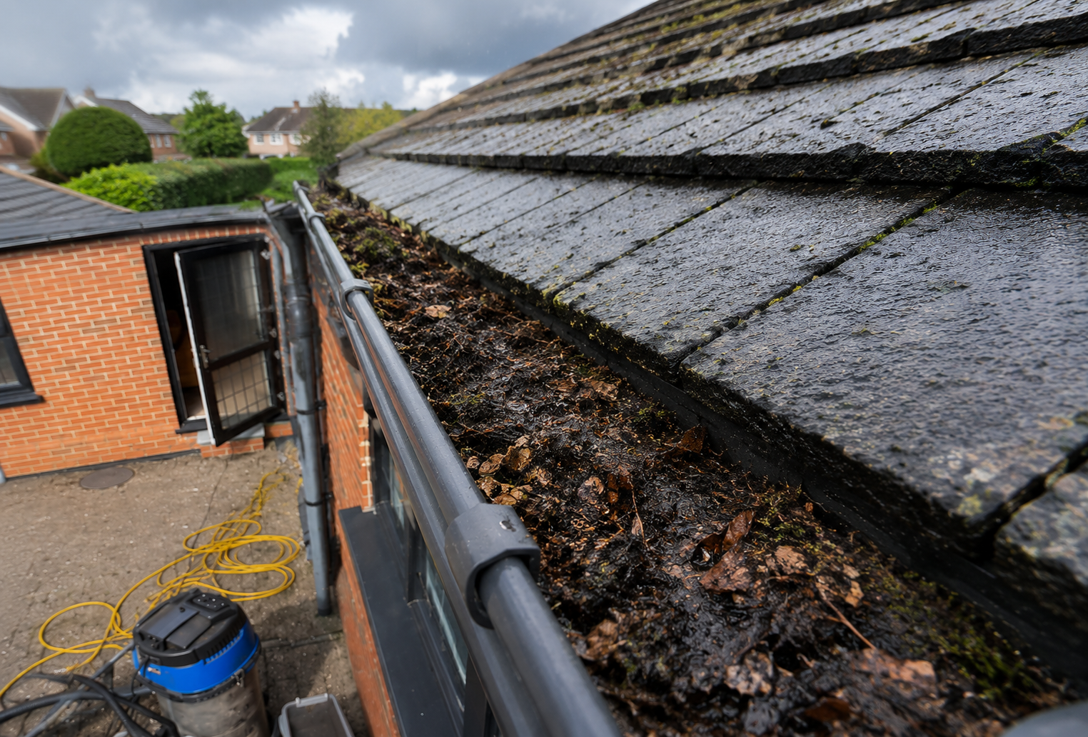 Before gutter inspection — showing the hidden debris and joint conditions that allow water damage to accumulate unseen